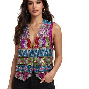 Bloomingdale's Colorful Sequin Embellished Vest Unique Statement Piece Size S